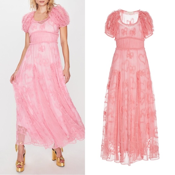 LoveShackFancy Steffen Pink Sheer Lace Maxi Dress Babydoll Hearts Bows Polka Dot - Picture 1 of 4